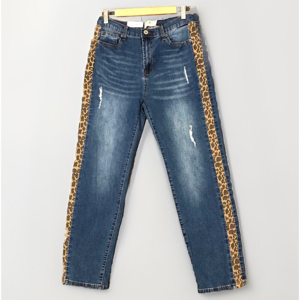 Umgee Jeans Juniors Size 9 Blue Denim Leopard Stripe 30x28 Skinny Straight Boho
